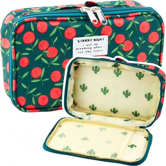 Schooletui met kersenprint, groen, 22,5 cm