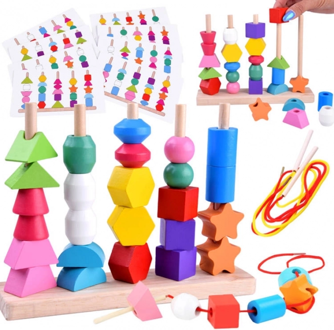 Wooden educational stacking and lacing set, 25 pieces