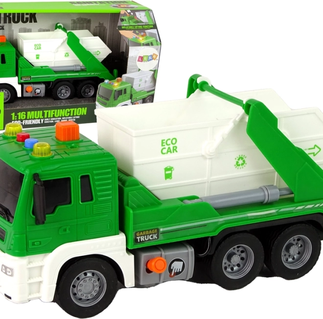 camion poubelle en plastique vert 1:16 avec mécanisme à friction et lumières