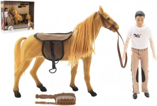 Cheval en peluche à coiffer avec poupée articulée et accessoires 30 cm