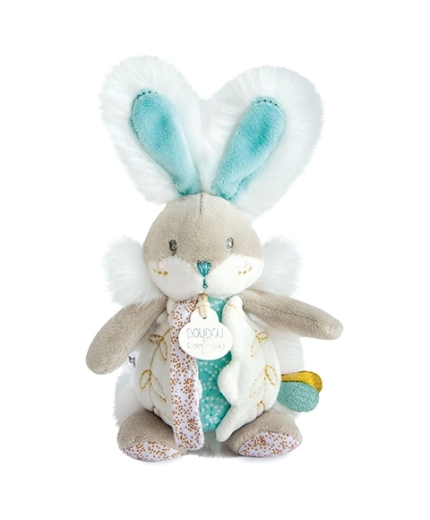 Doudou Speeltje konijn met rammelaar en fopspeenhouder 21 cm – tyrkysová