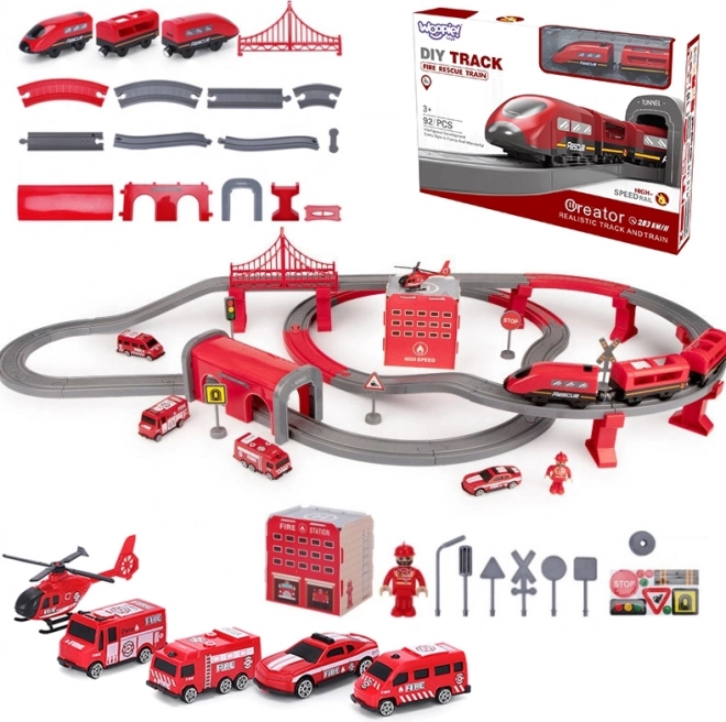 Woopie electric firefighter train set with cars and helicopter, 92 pieces