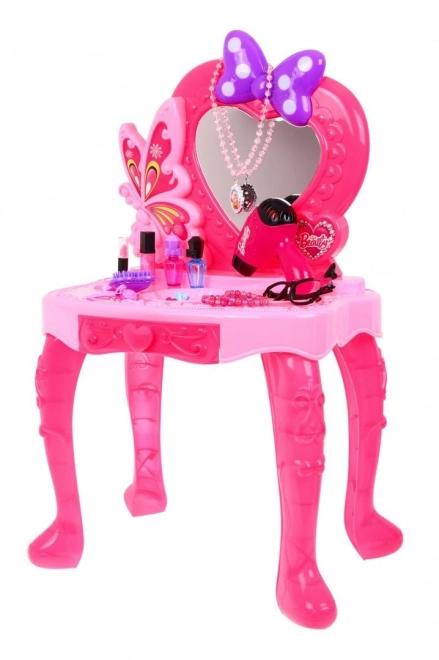 Roze kaptafel met spiegel en stoeltje + stylingaccessoires en föhn