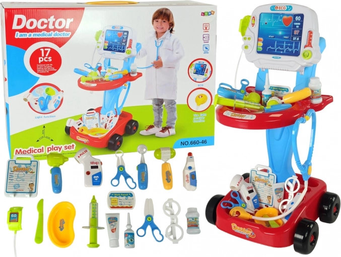 Ärztlicher Wagen mit Tisch und EKG, 17-teiliges Kinderset