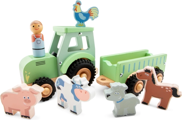 Houten tractor met aanhanger en diertjes New Classic Toys