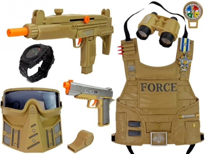 Militaire set Wapen Masker Verrekijker Vest Kompas