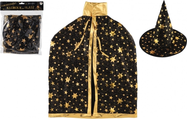 Children’s witch hat and cape, black-and-gold, 38 cm diameter