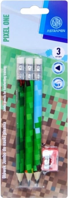 Crayons triangulaires HB avec taille-crayon ASTRA Pixel One, 3 pcs