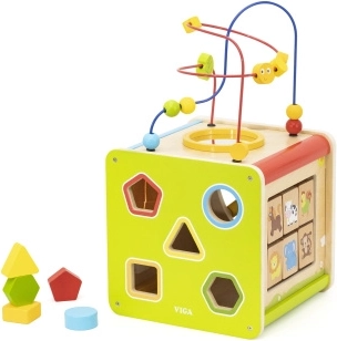 wooden educational cube 5-in-1 with maze, shapes and xylophone