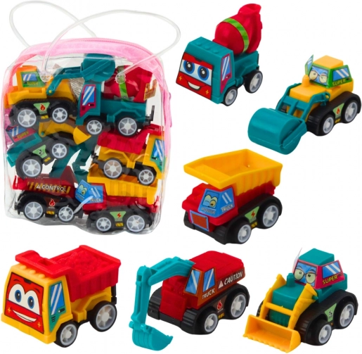 Set mini bouwvoertuigen met trekmechanisme in etui – 6 stuks