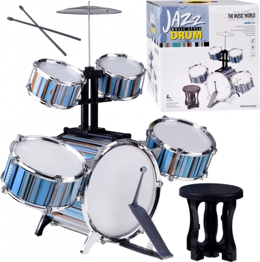 Kinder drumstel 5-delig met krukje – blauw design