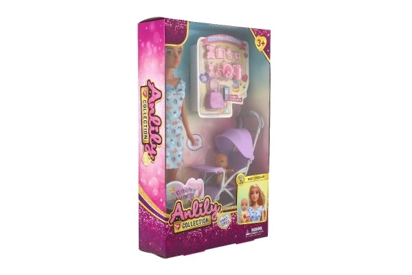 Pop Anlily 30cm met meisje en kinderwagen + accessoires plastic in doos 20x32x7cm