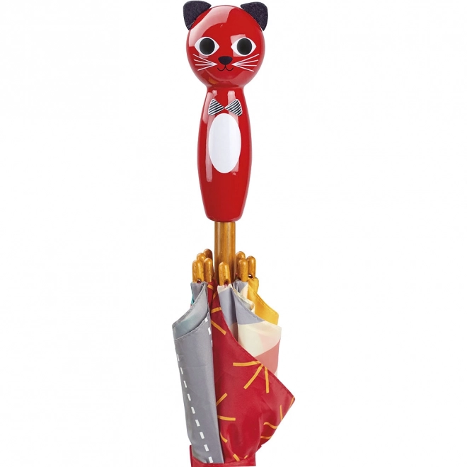 Kleurrijke kinderparaplu met handvat in de vorm van een kat