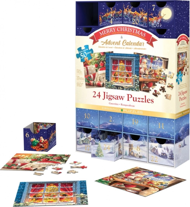 Adventskalender met Puzzel Eurographics 24 x 50 Stuks – Vrolijk Kerstfeest