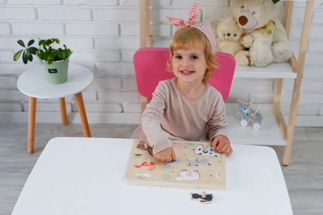 Houten inlegpuzzel met geluiden - dieren van de Boerderij