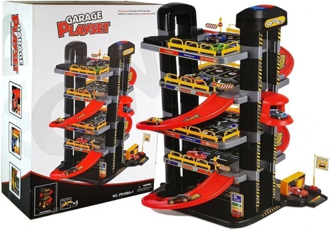 Multi-level play garage with ramps and elevator