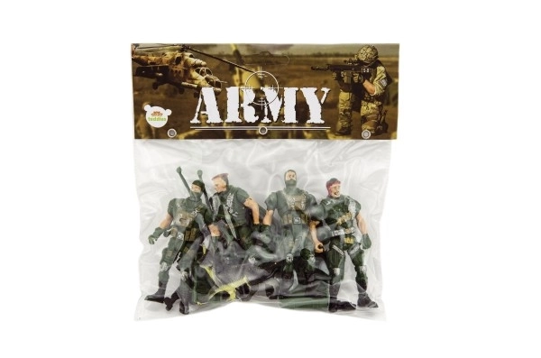 Set van 4 soldaten met accessoires, plastic CZ ontwerp op kaart 18x19,5cm