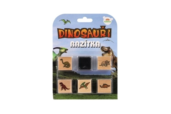 Houten stempels 5+1 met kussen dinosaurussen 3x3cm op kaart