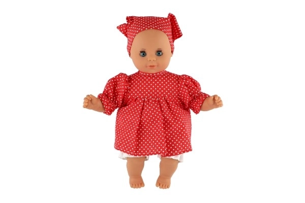 Poupée/Bébé Hamiro 30cm, corps en tissu robe rouge + pois blancs + foulard dans boîte 20x35x13cm