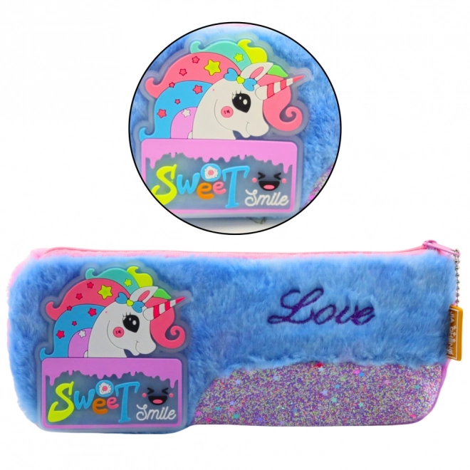 Plüsch-Federmäppchen mit Einhorn, blau mit glitzernden Elementen