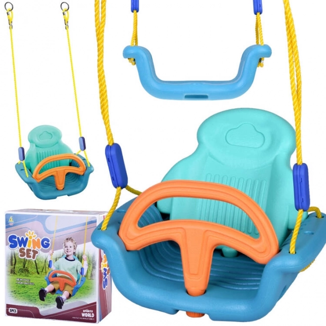 Kleurige kinderschommel met rugleuning en barrière