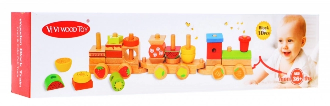 Houten locomotief met drie treinwagons voor kinderen 3+ Sensorisch speelgoed + 27 blokken