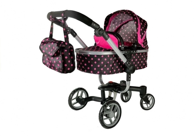 Poppenwagen voor poppen zwart met roze stippen