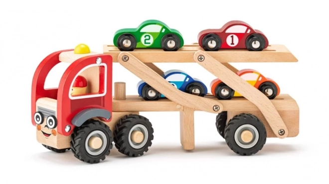 Houten vrachtwagen met 4 raceautootjes