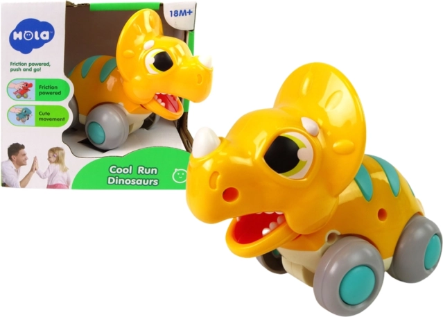 Gele dinosaurus op wieltjes triceratops – plastic speelgoed voor kinderen