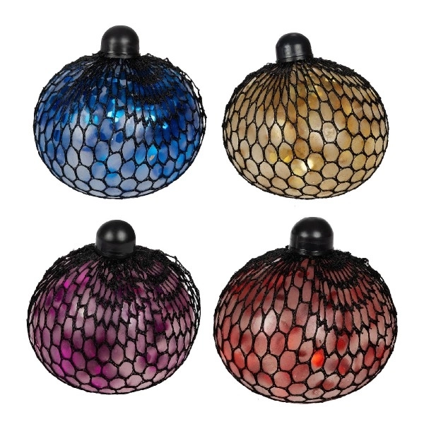 Stressbal knijp in net slijm 10cm met glitters 4 kleuren in doosje 9x9,5x9cm