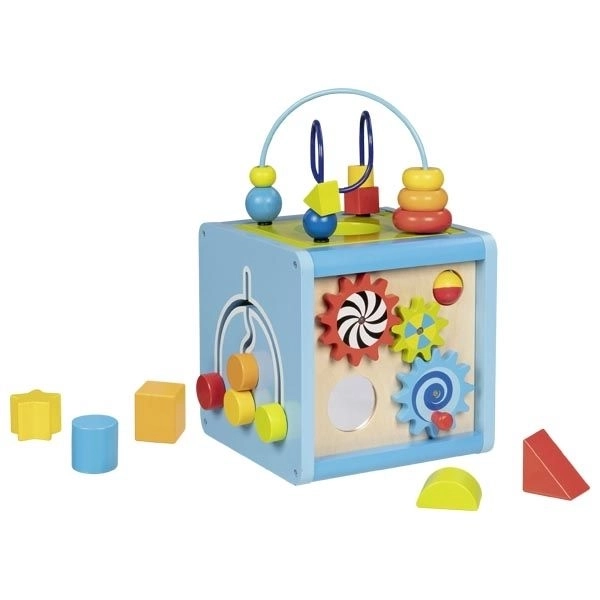 Houten motorische kubus voor kinderen 5v1