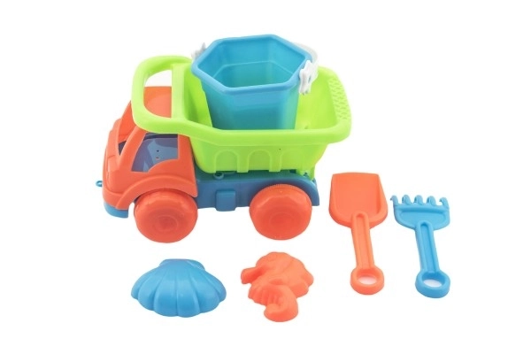 Auto voor zand met accessoires plastic 16cm 2 kleuren in net