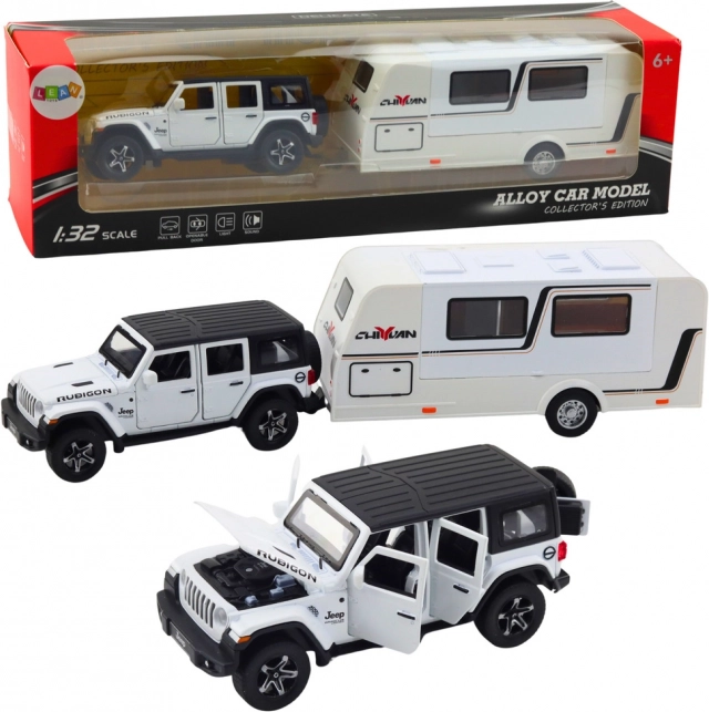 Metalen terreinwagen met caravan 1:32, licht en geluid, wit