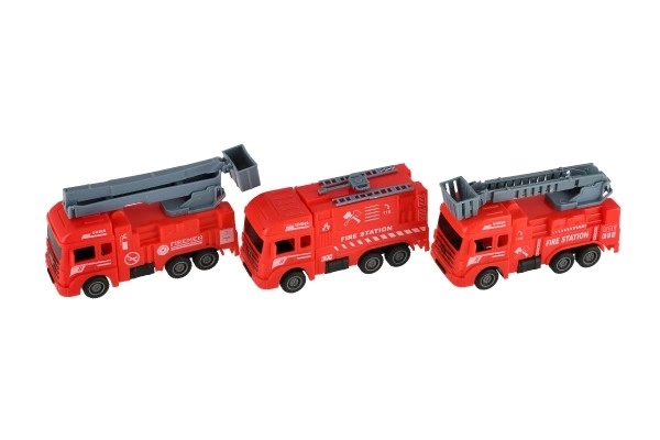 Brandweerauto kunststof 11cm met terugtrekmechanisme 4 soorten 12 stuks in doos