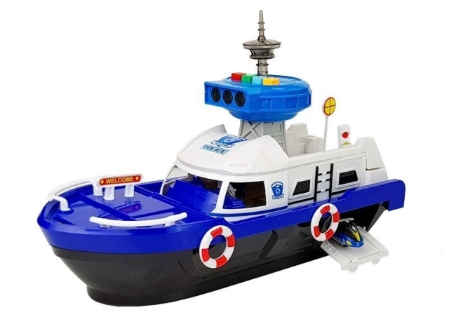 Bateau de transport de police avec voitures, avec son et lumières