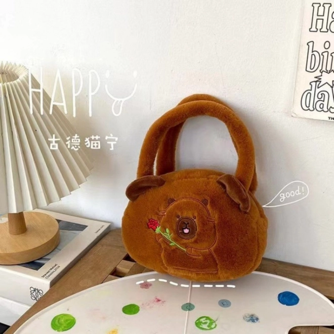 Pluchen tas met capibara en roos, bruin 20 cm