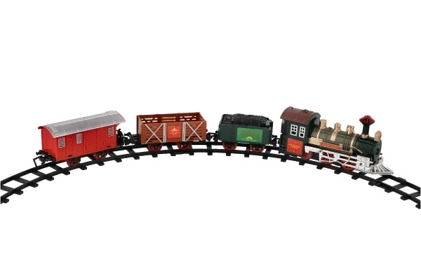 Trein + 3 wagons met rails 8 stuks op batterijen met geluid en licht in doos 41x28x6cm
