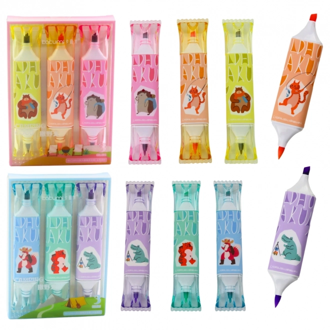 Set markeerstiften met dierenmotief, roze en blauw, twee punten, 3 stuks