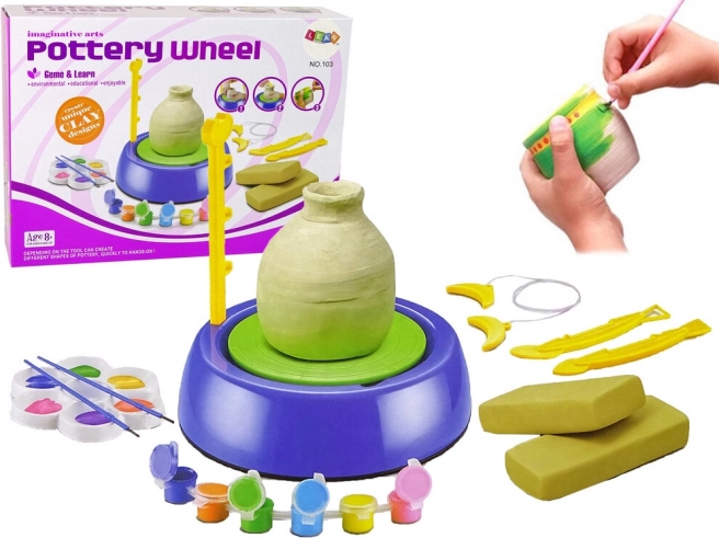 Kinderset voor pottenbakkerschijf met klei en verf