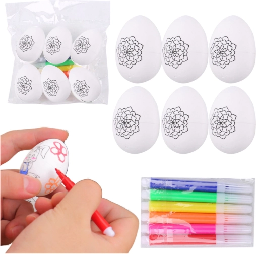 œufs de Pâques en mousse à peindre avec motif fleur, lot de 6 avec feutres