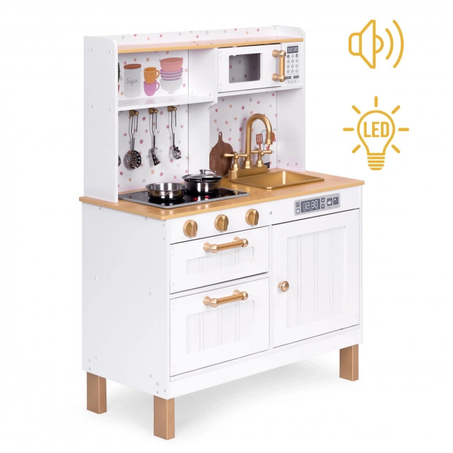 Houten speelkeuken voor kinderen met geluiden en LED-verlichting, groot, met deurtjes die open kunnen en 7 accessoires, ECOTOYS