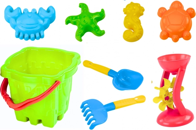 Sandspielzeug-Set mit burgförmigem Eimer und Mühle, 9 Teile