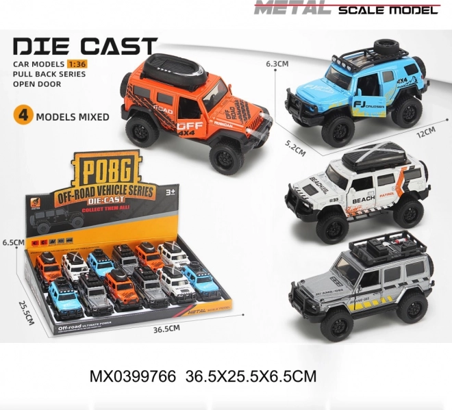 metalen terrein-jeep 1:36 met pull-back aandrijving