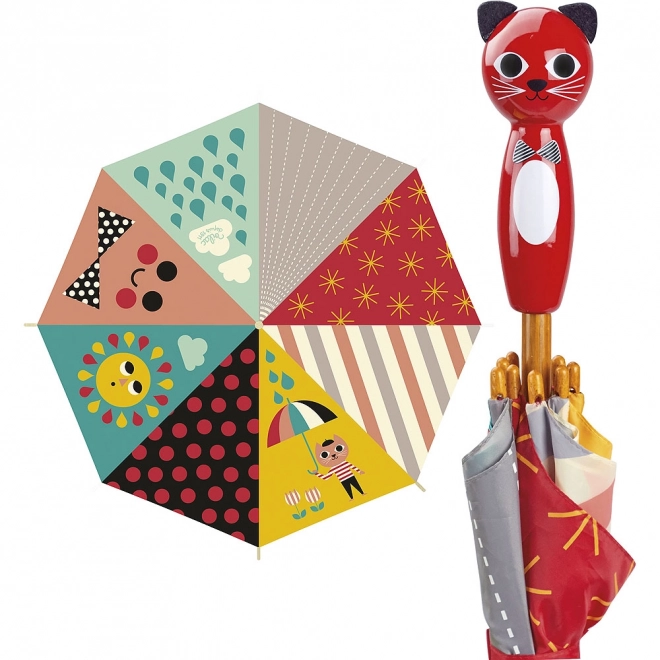 Kleurrijke kinderparaplu met handvat in de vorm van een kat