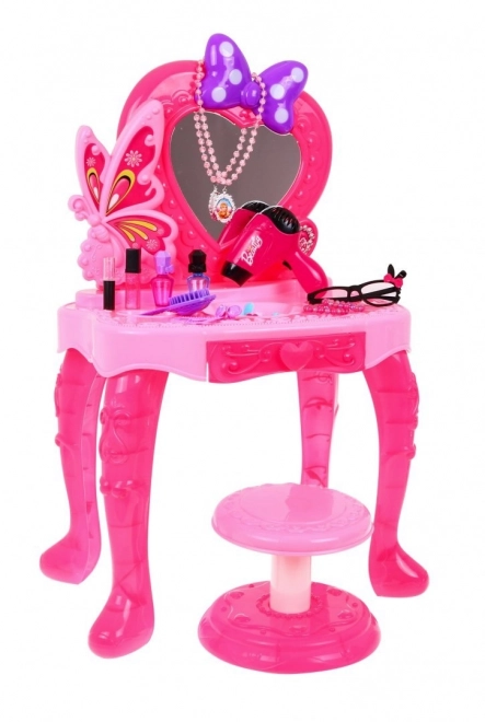 Roze kaptafel met spiegel en stoeltje + stylingaccessoires en föhn