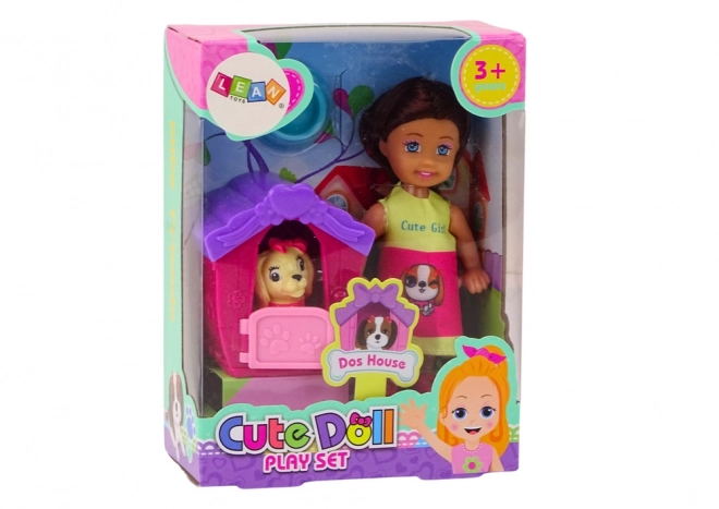 Mini doll with long hair and colorful skirt with dog and kennel