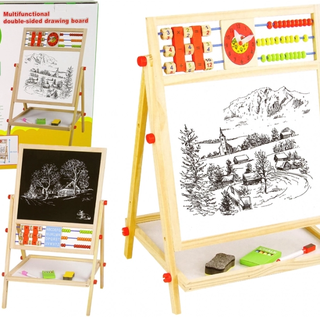 Houten dubbelzijdig bord 2-in-1 met telraam, krijtjes en stift