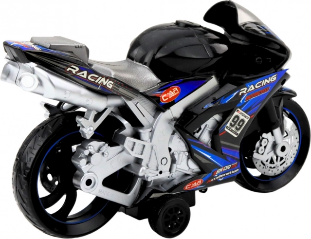 Zwart-blauwe race motorfiets met licht- en geluidseffecten