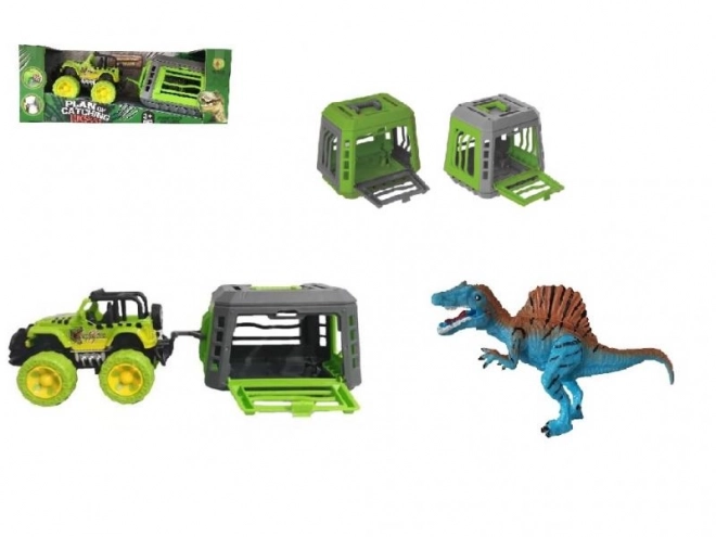 Jeep met trailer en dinosaurus