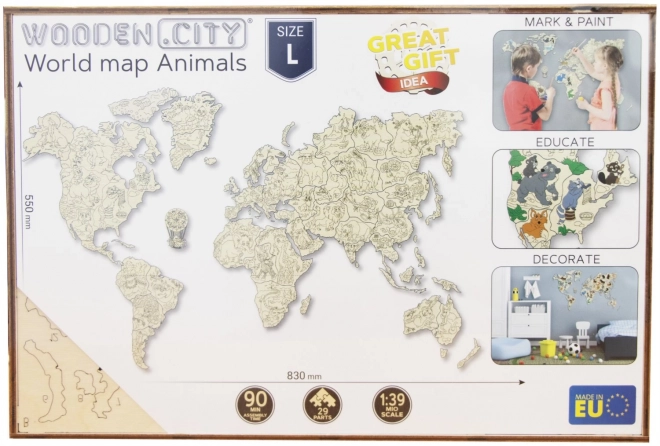 Wooden Animal World Map 3D, Size M
